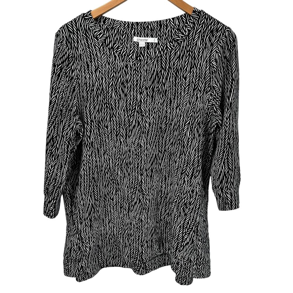 Chico's Tunic Top Womens 2 Large Black White Leaf Pattern‎ 3/4 Sleeve Pullover
